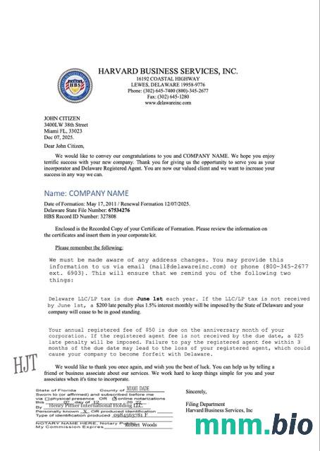 Certyfikat rejestracyjny USA Delaware Word i szablon PDF, Wersja 2